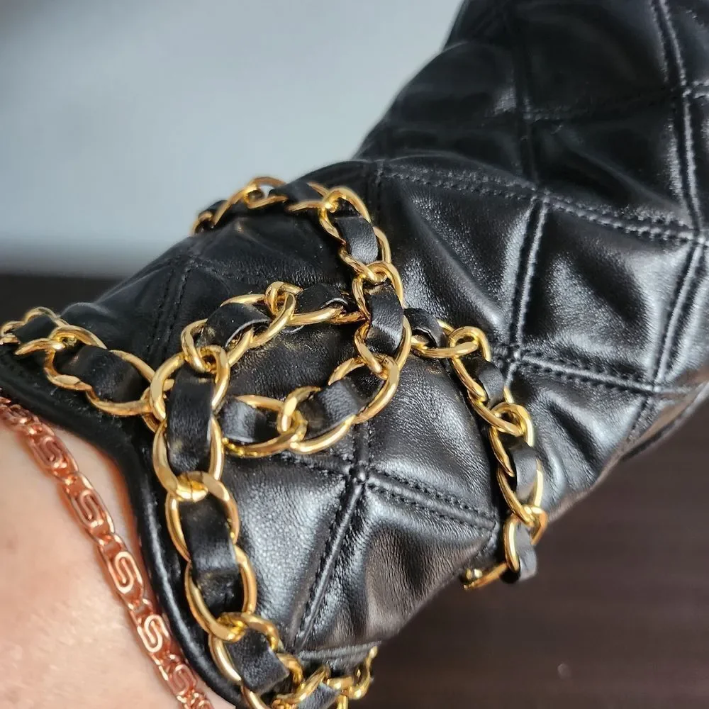 Black Quilted Gloves with Gold Chain Detail